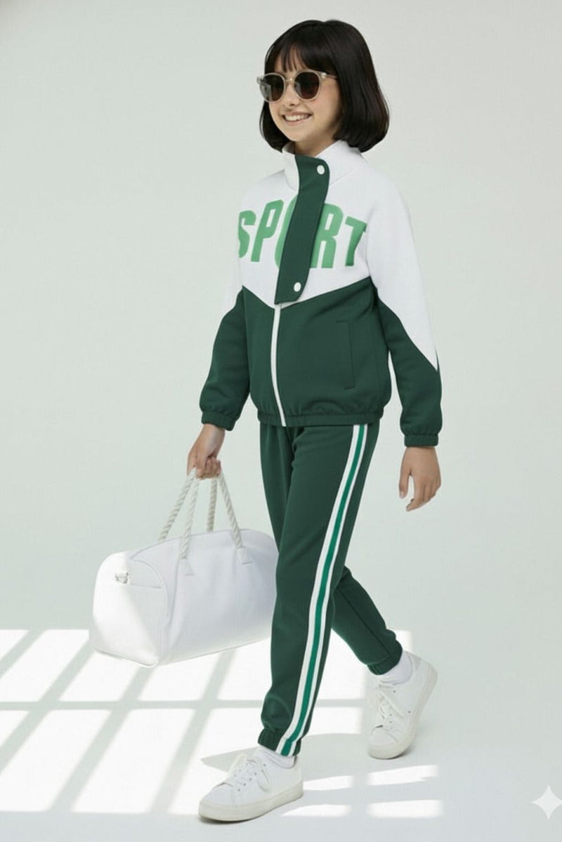 Spunkies Girls Colorblock Green & White Sport Tracksuit Set