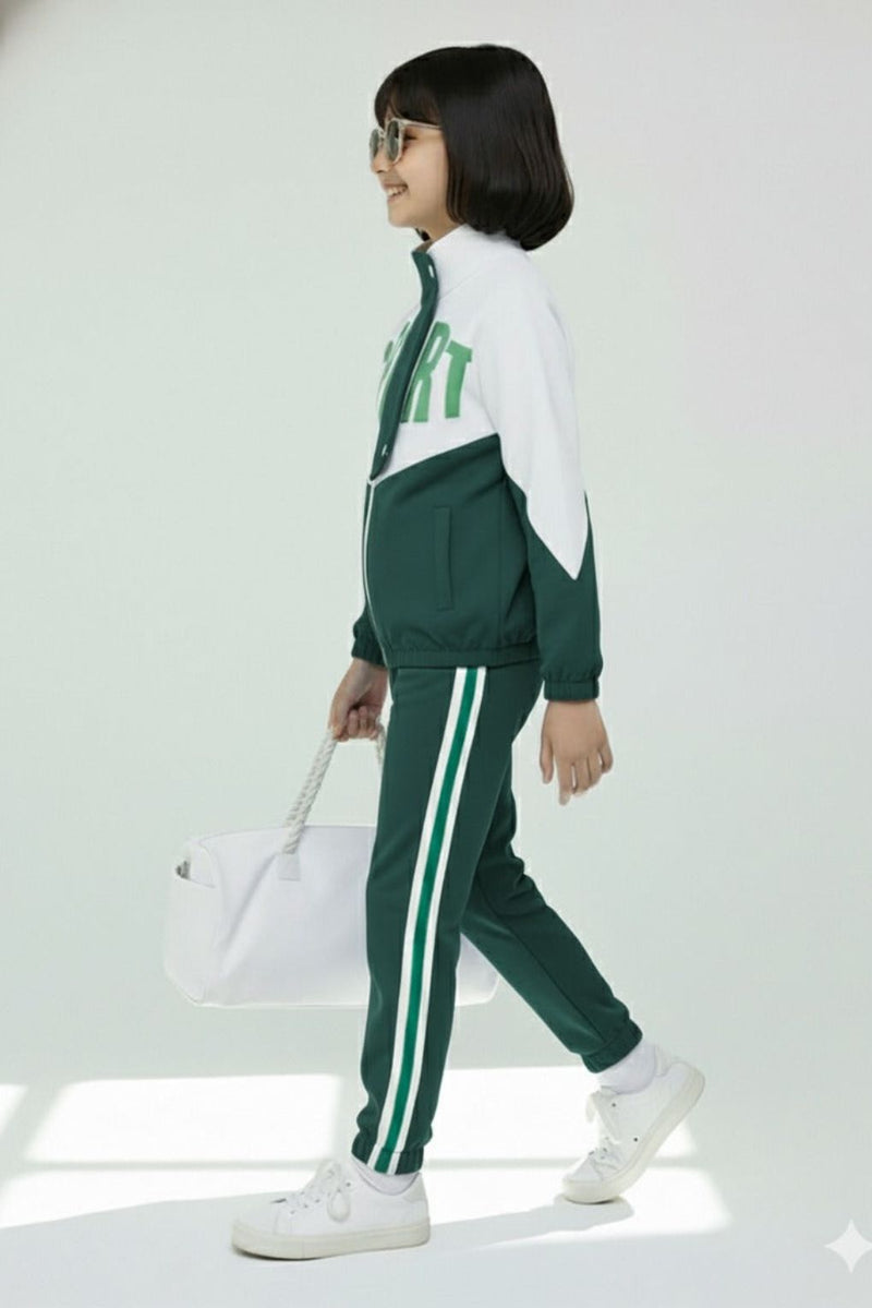 Spunkies Girls Colorblock Green & White Sport Tracksuit Set