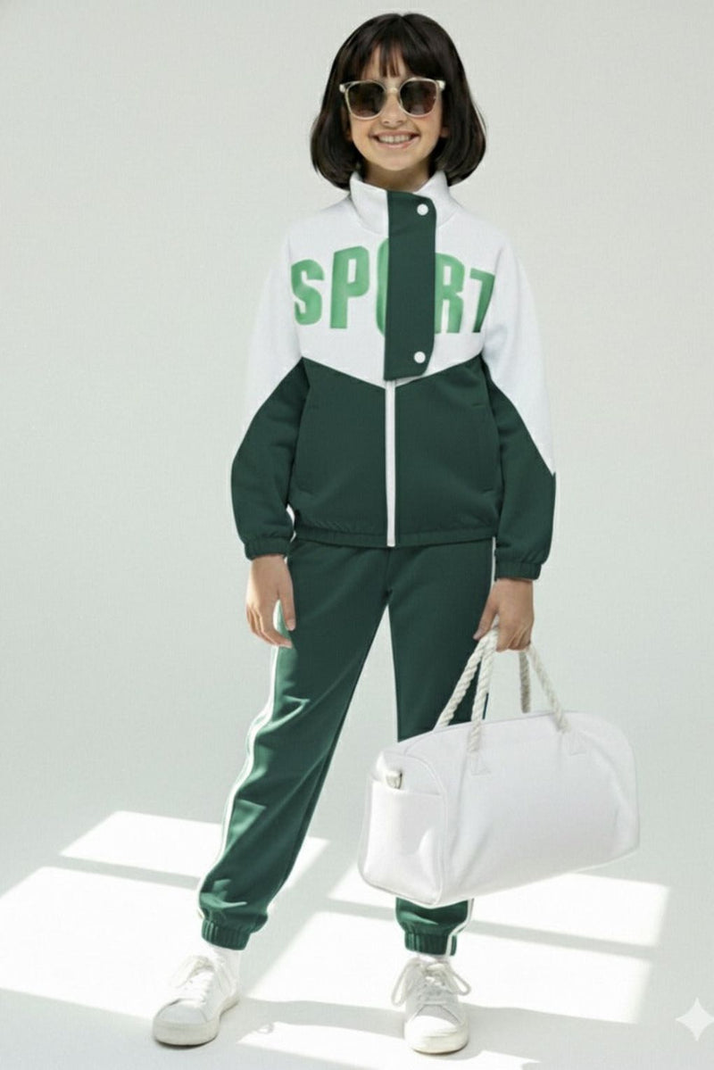 Spunkies Girls Colorblock Green & White Sport Tracksuit Set