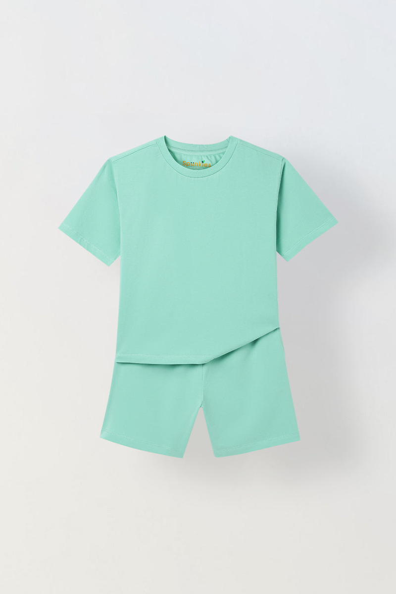 Spunkies Unisex Green Solid Crew Neck Short Sleeves T-Shirt and Shorts Set