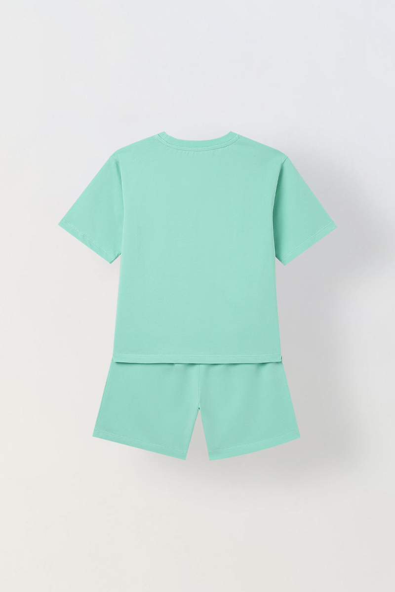 Spunkies Unisex Green Solid Crew Neck Short Sleeves T-Shirt and Shorts Set