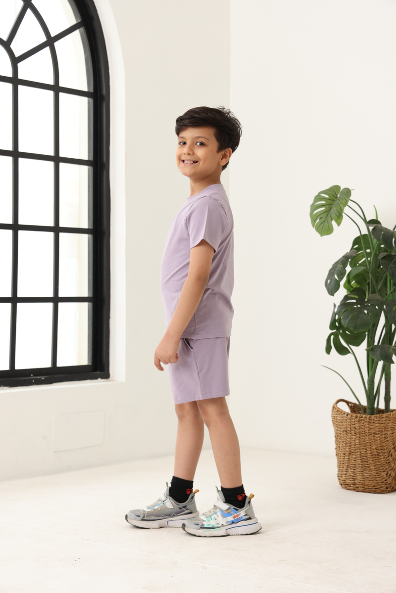 Spunkies Unisex Purple Solid Crew Neck Short Sleeves T-Shirt and Shorts Set