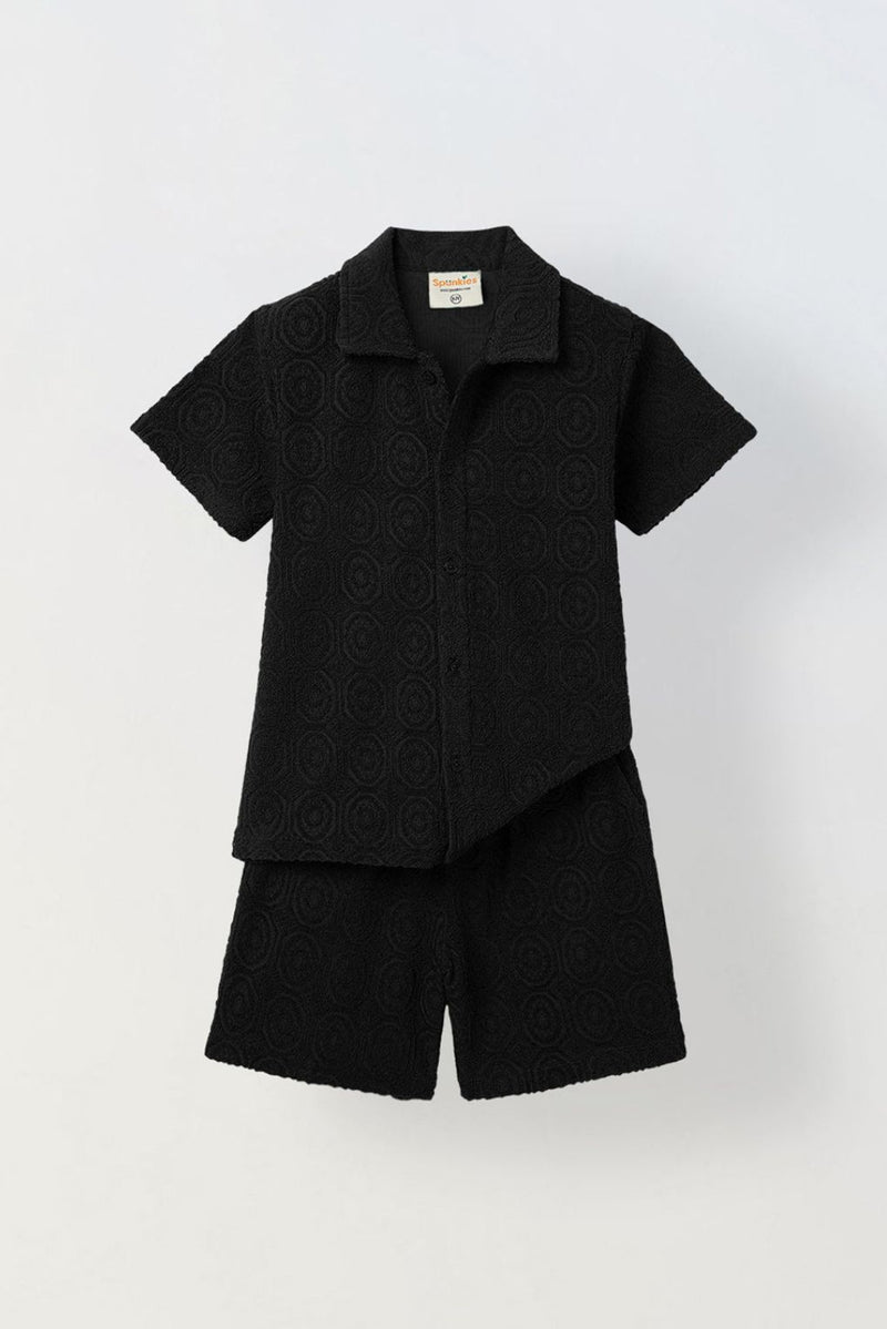 Spunkies Boys Black Cotton Jacquard Polo T-shirt and Shorts Set