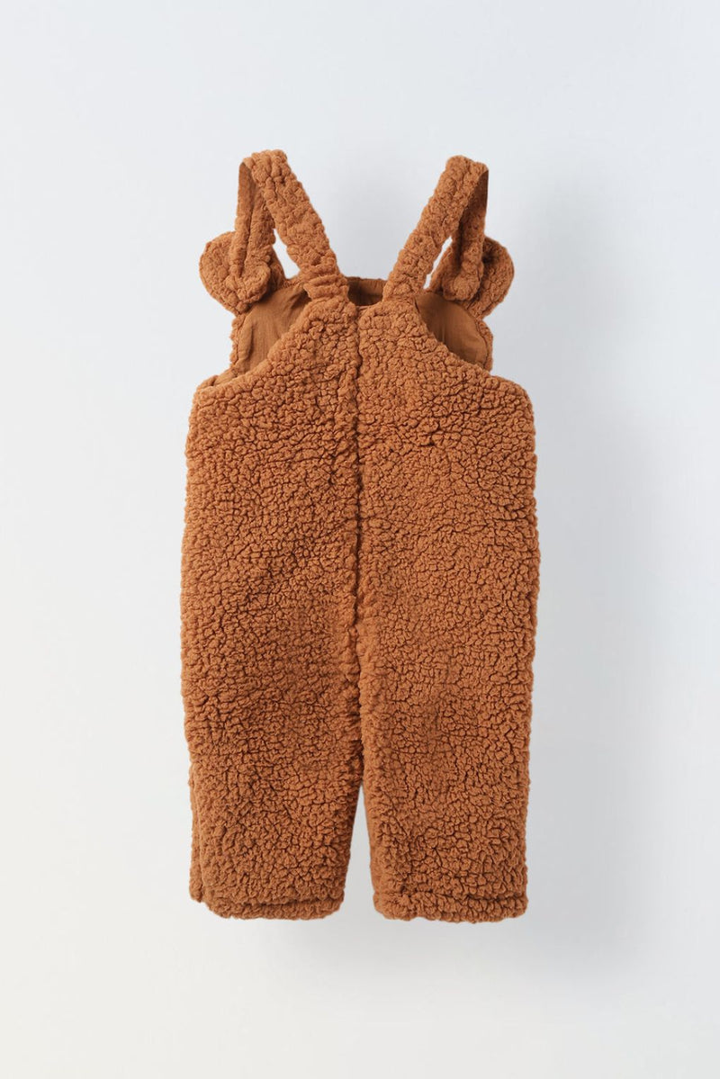 Spunkies Infant Fuzzy Bear Overalls Romper with Ear Detail - Soft & Cozy Animal Outfit