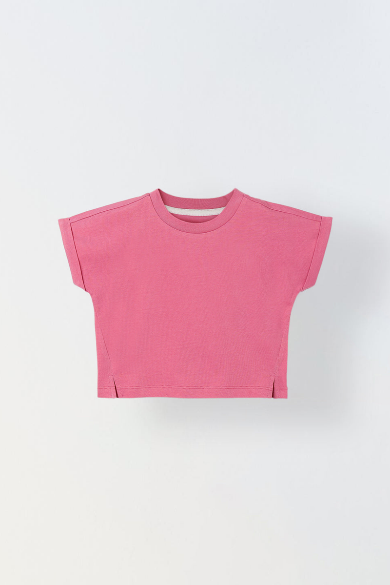Spunkies Pink Girls Solid Crew Neck Short Sleeves Top