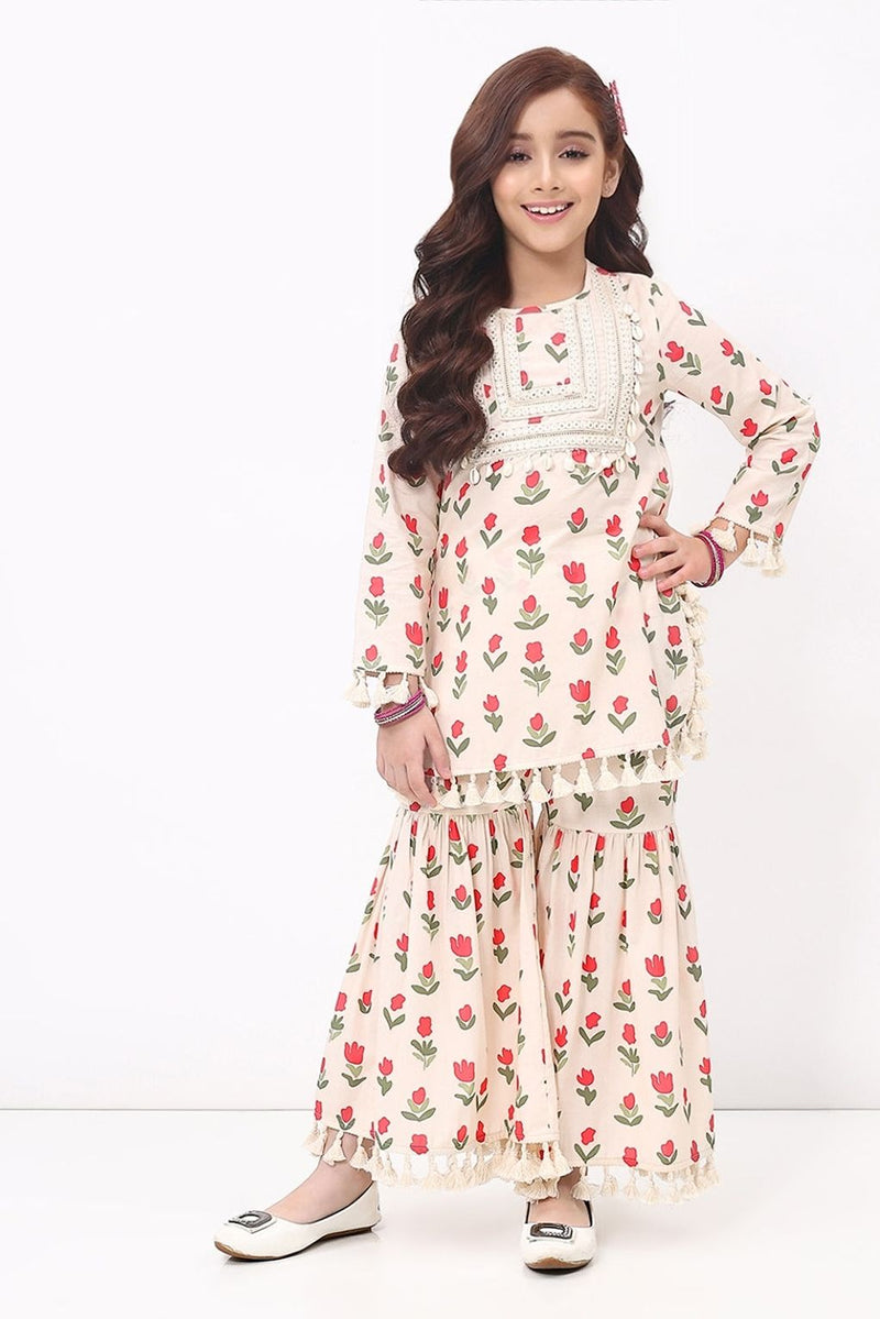 Spunkies Girls Off White Floral Print Ethnic Kurti and Sharara Set