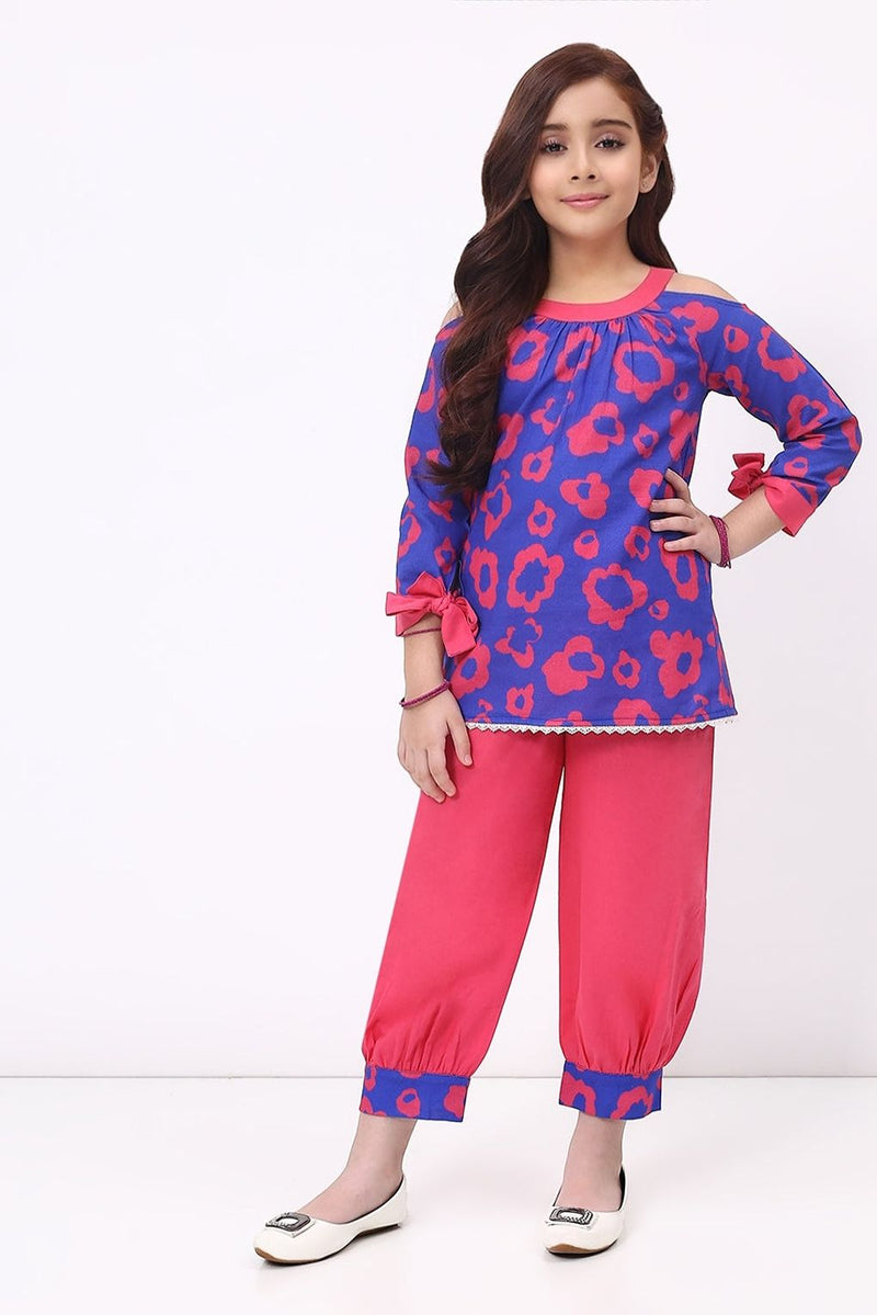 Spunkies Girls Cotton Linen Blue Printed Ethnic Co-ord Set