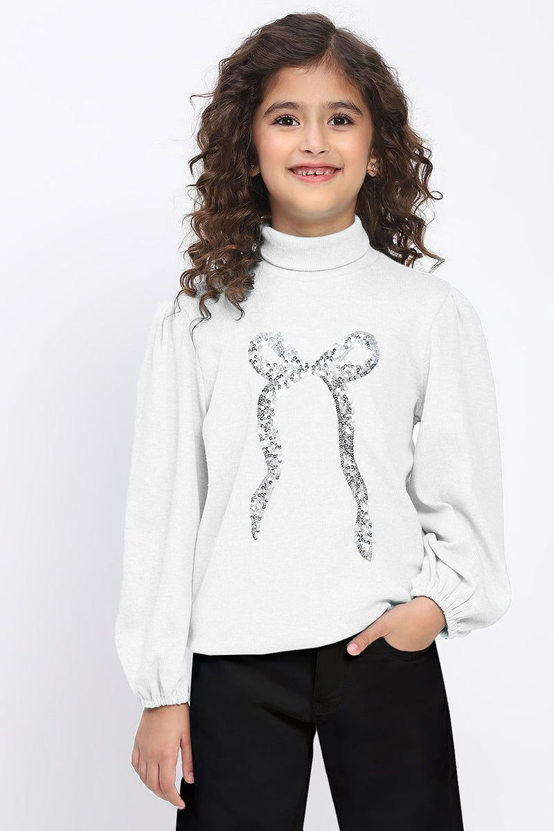 Girl's White Ribbed Puff Sleeve Sequin Bow Top