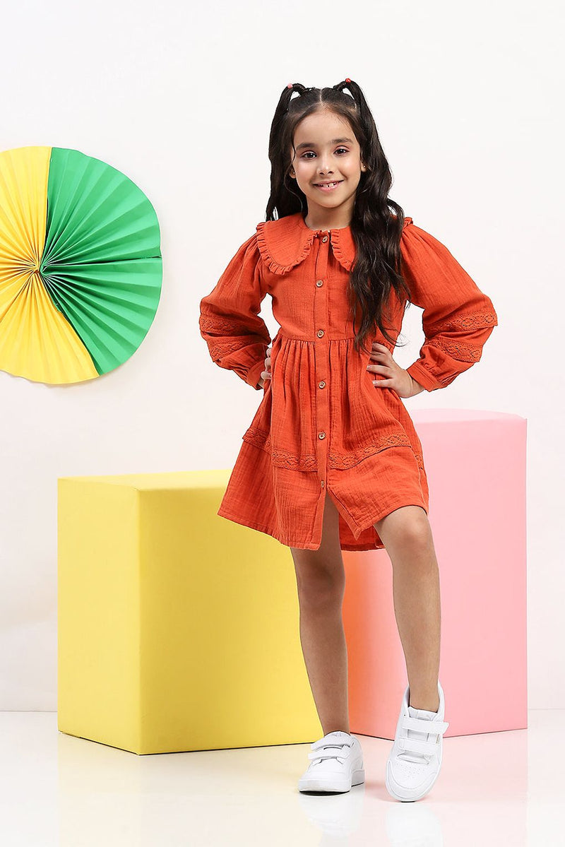 Spunkies Girls' Rust Button-Down Dress with Ruffled Collar