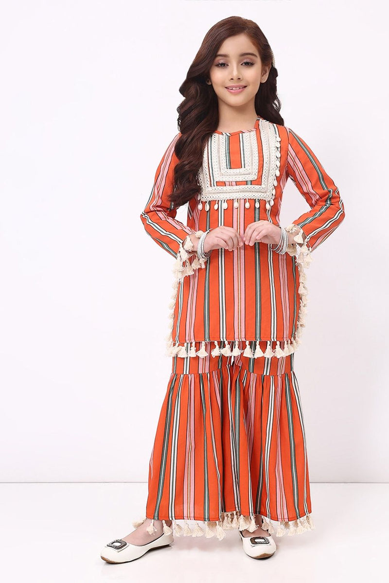 Spunkies Girls Orange Stripe Ethnic Kurti and Sharara Set