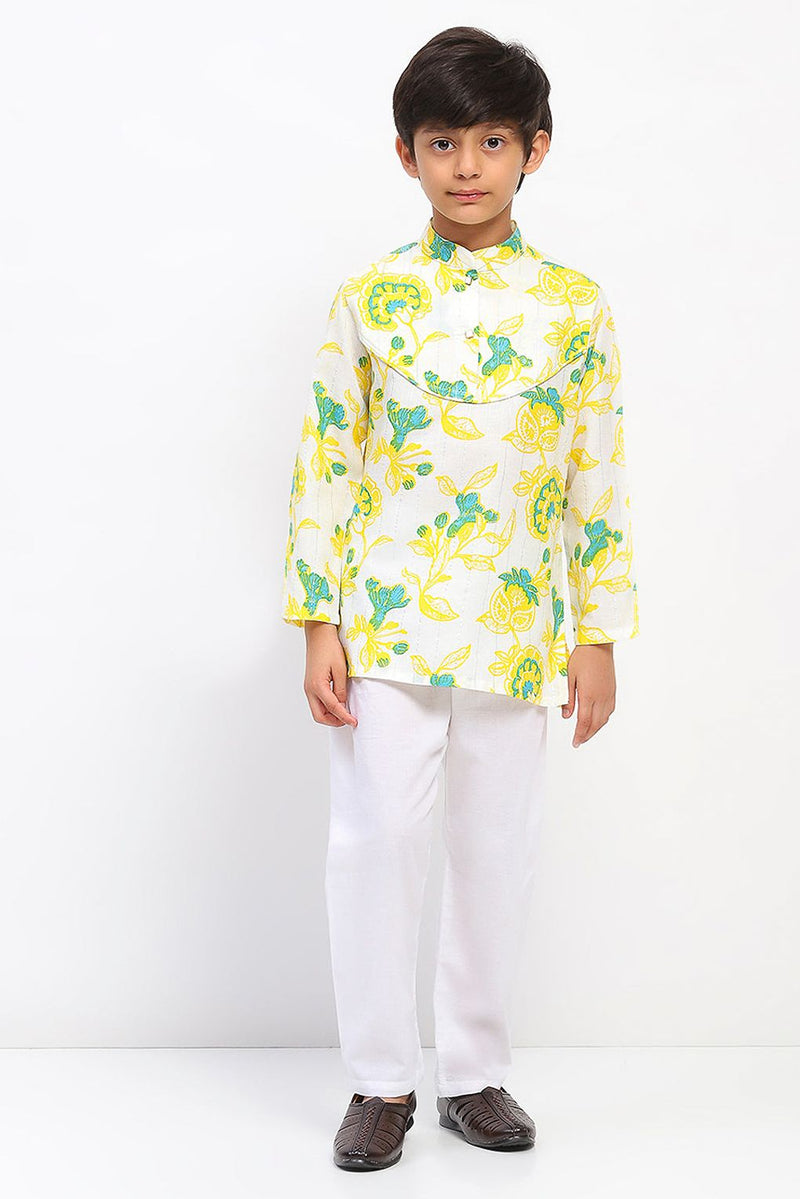Spunkies Boys White Cotton Printed Ethnic Kurta Pajama Set