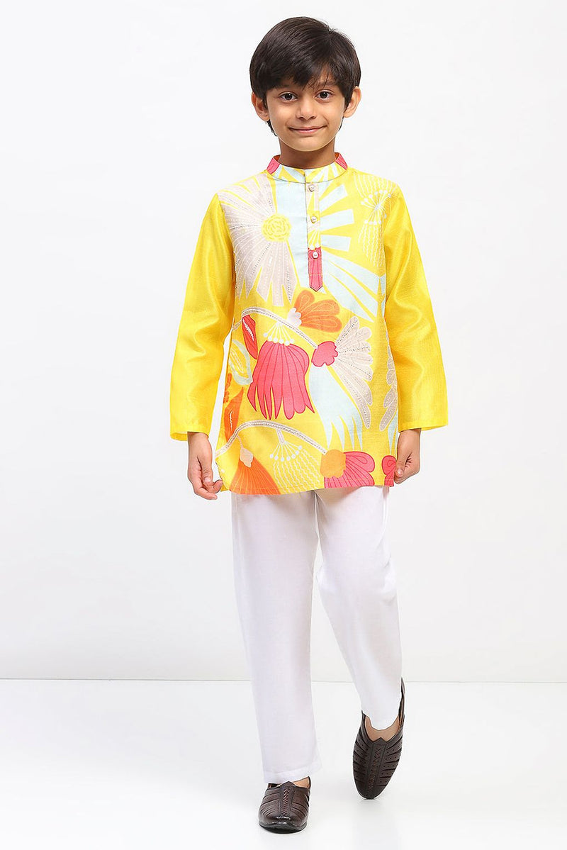 Spunkies Boys Yellow Cotton Printed Ethnic Kurta Pajama Set
