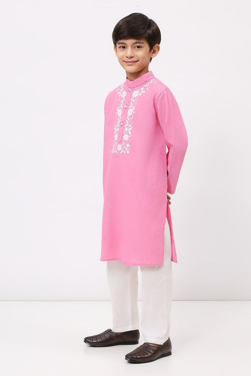 Spunkies Boys Cotton Linen Pink Embroidered Kurta Set
