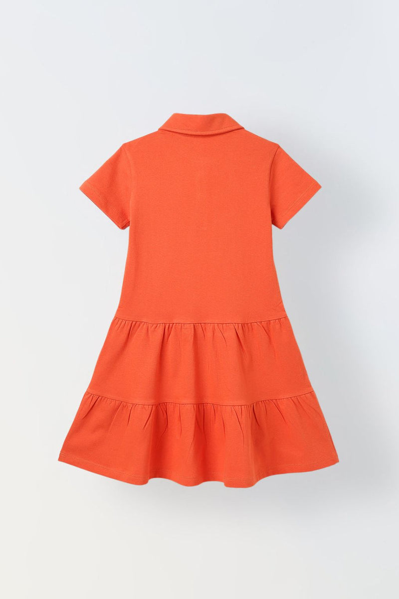 Spunkies Red Girls Solid Collared Short Sleeves Tiered Dress