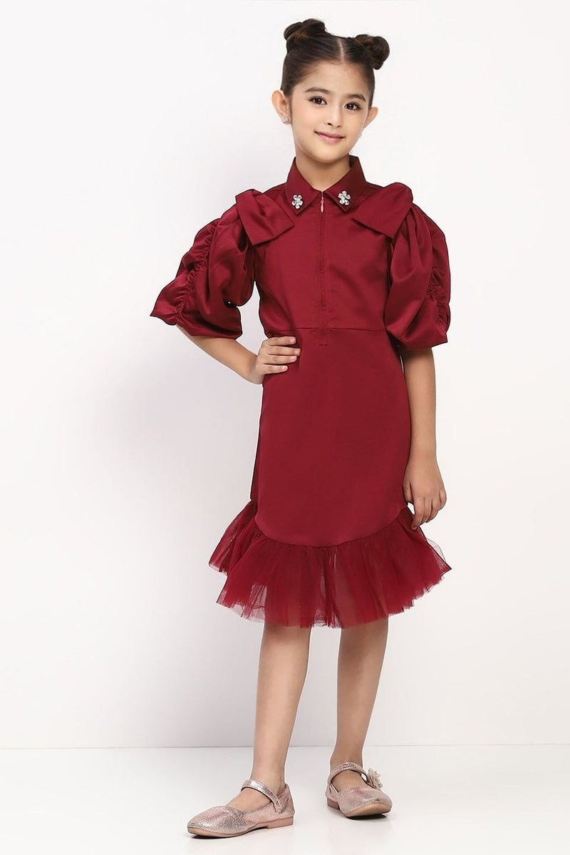 Spunkies Girl's Maroon Collared Pleated Tulle Cap Sleeve Dress
