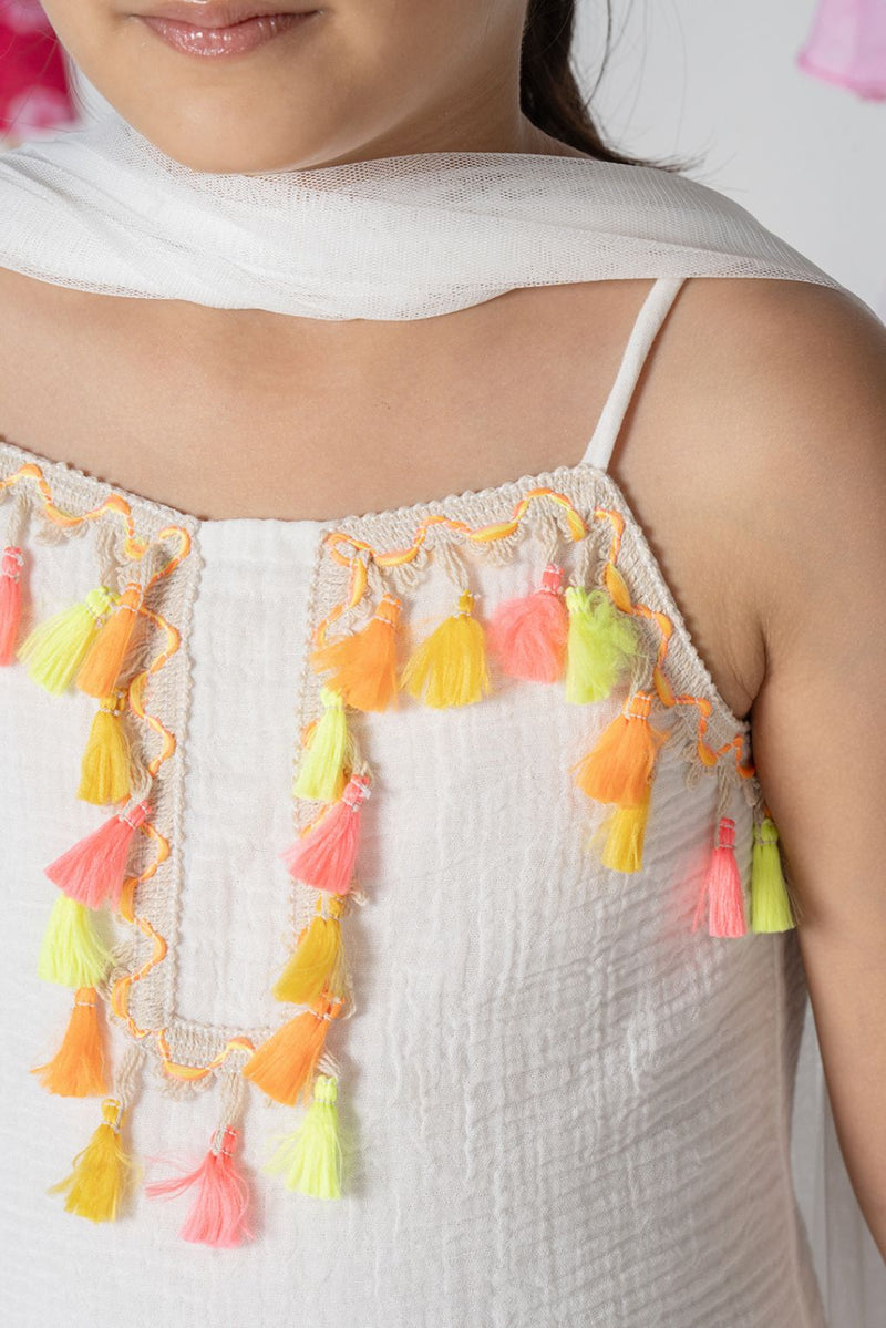 Girls White Kurta Set With Fringe Tape