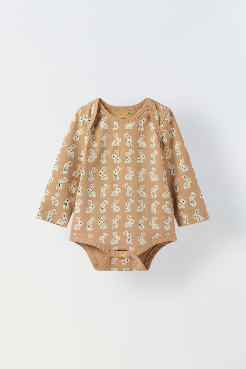 Infant Cotton Beige Full Sleeve Rabbit Print Romper