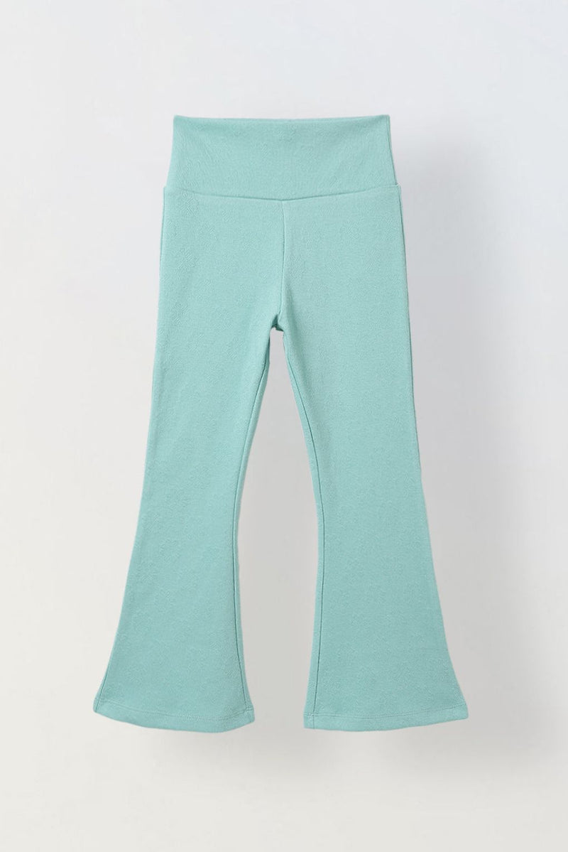 Spunkies Girls Light Green Textured Floral Elasticated Waist Flared Leggings
