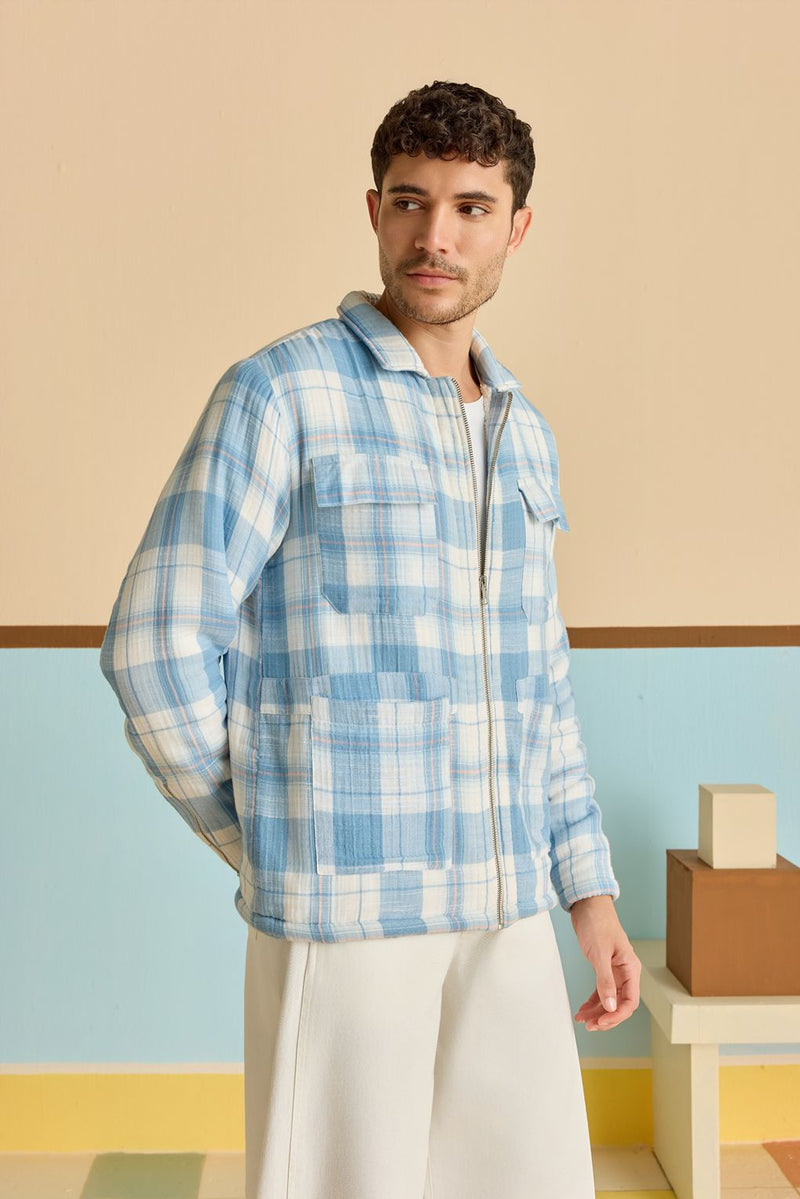 Horizon Blue Checked Zip Shacket