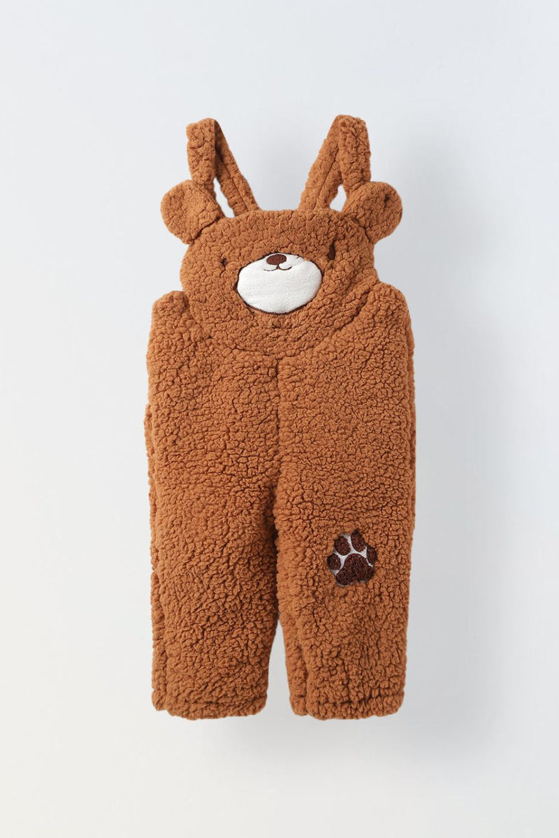 Spunkies Infant Fuzzy Bear Overalls Romper with Ear Detail - Soft & Cozy Animal Outfit