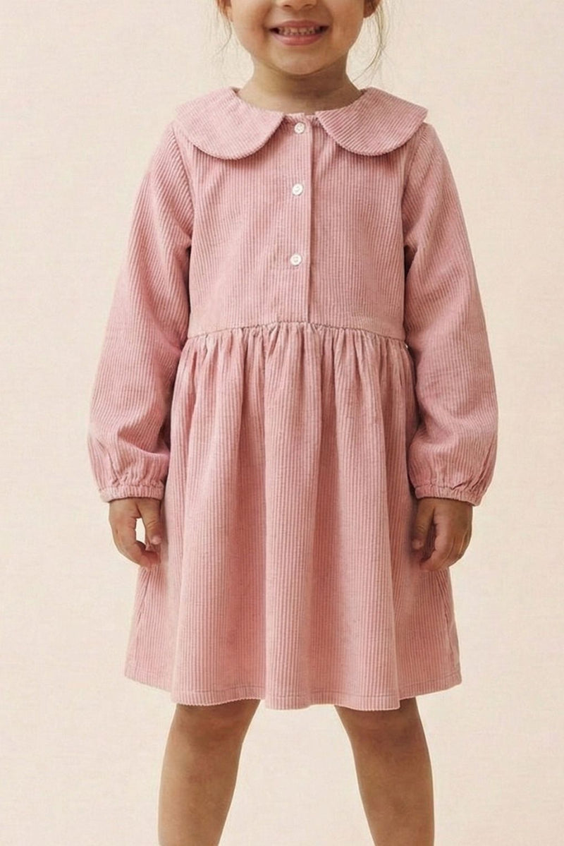 Spunkies Girls Peach Collar Neck Corduroy Rib Solid Dress