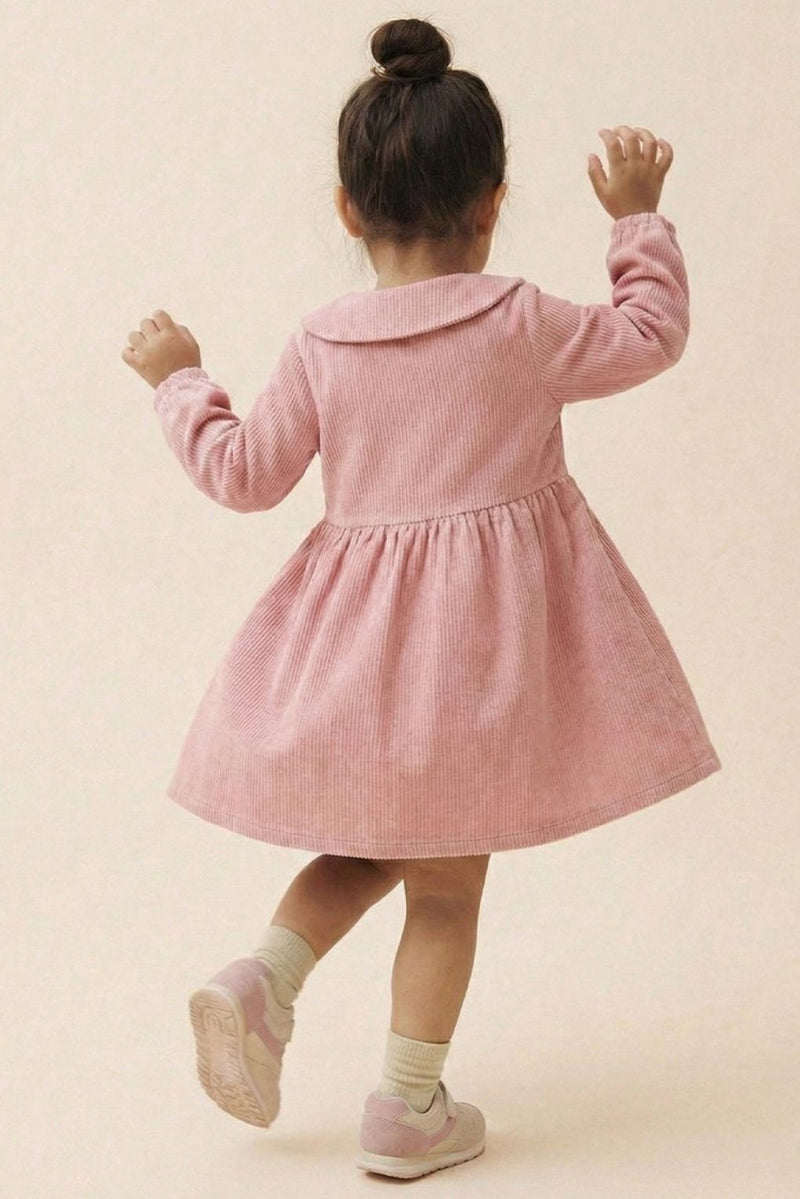 Spunkies Girls Peach Collar Neck Corduroy Rib Solid Dress