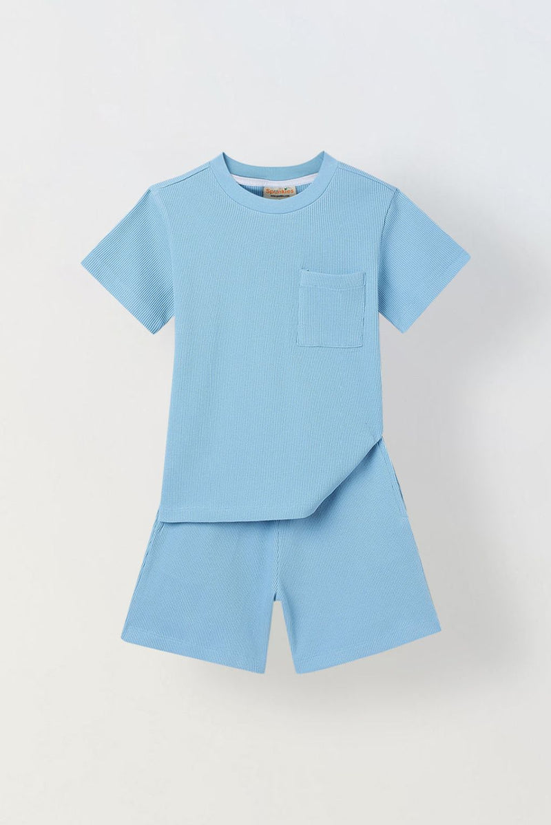 Spunkies Boys Blue Solid Crew Neck Short Sleeves T-Shirt and Shorts Set