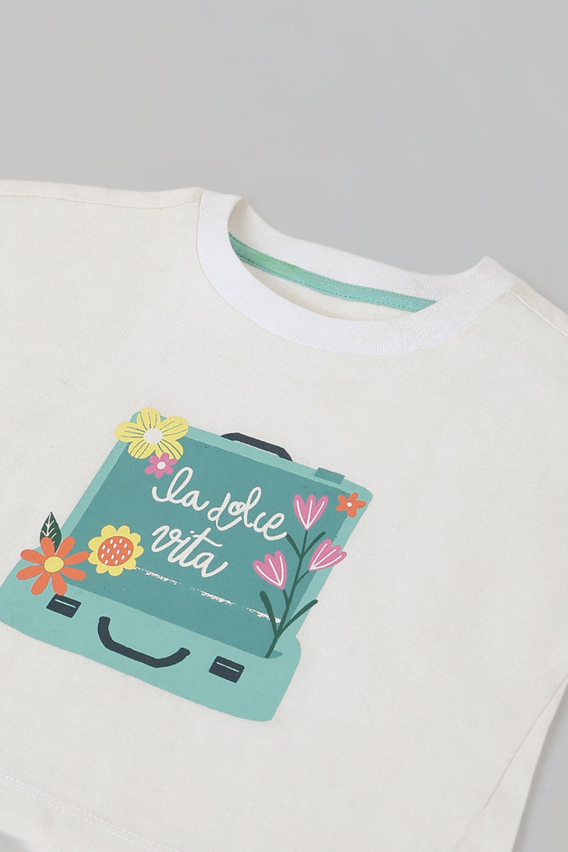 Spunkies White Girls Graphic Print Round Neck Cap Sleeves Top