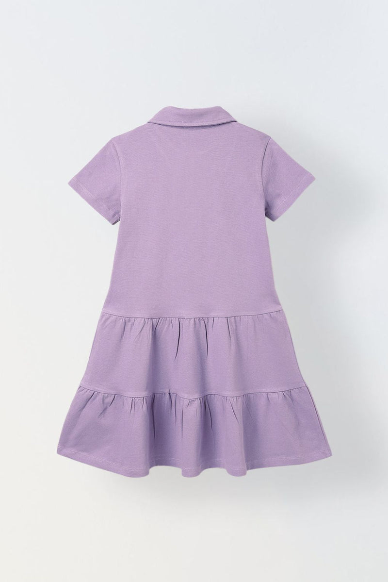 Spunkies Purple Girls Solid Collared Short Sleeves Tiered Dress