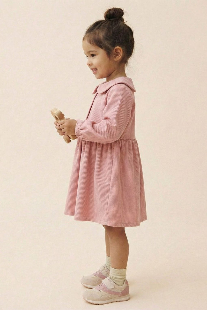 Spunkies Girls Peach Collar Neck Corduroy Rib Solid Dress