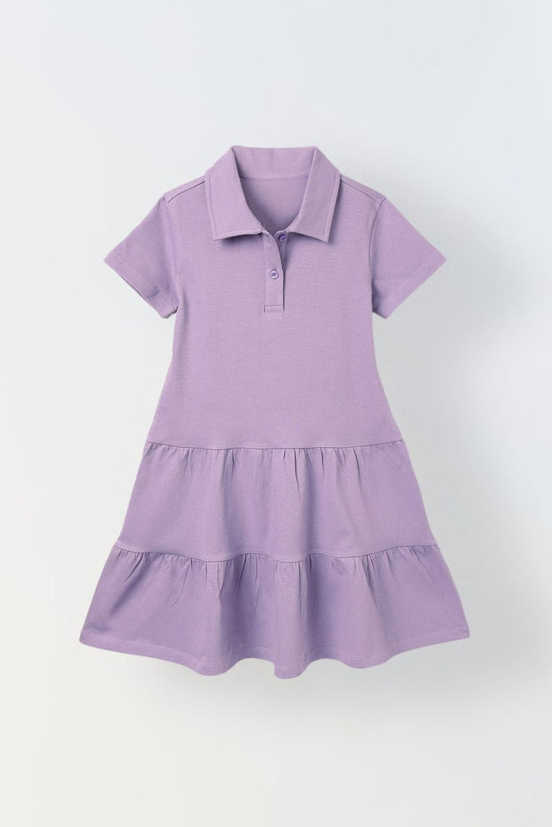 Spunkies Purple Girls Solid Collared Short Sleeves Tiered Dress