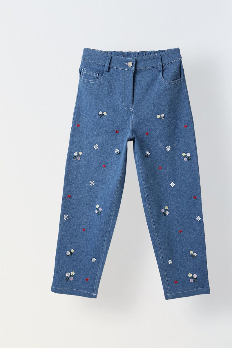 Spunkies Girls Blue Floral Embroidered Stretch Denim with Heart Details