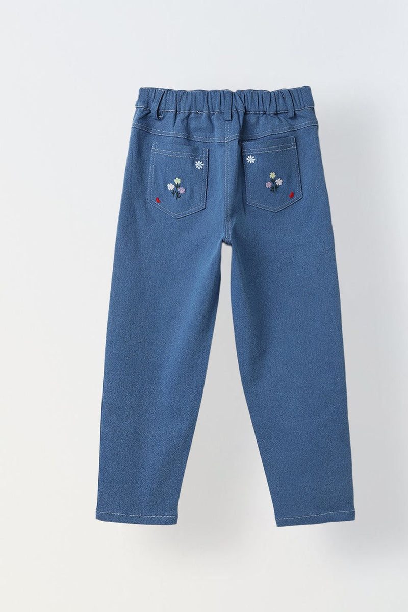 Spunkies Girls Blue Floral Embroidered Stretch Denim with Heart Details