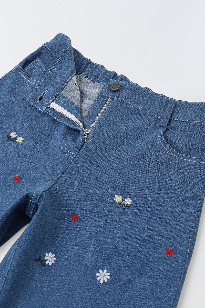 Spunkies Girls Blue Floral Embroidered Stretch Denim with Heart Details