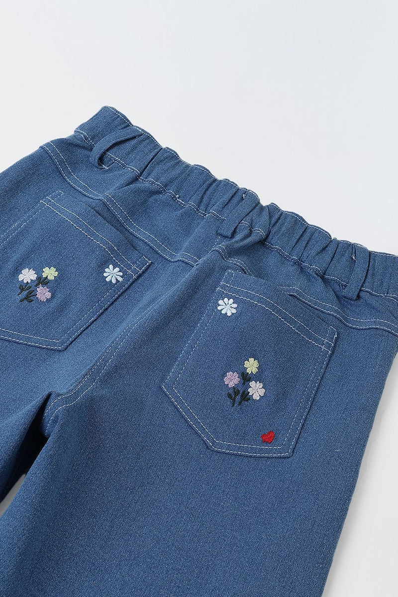 Spunkies Girls Blue Floral Embroidered Stretch Denim with Heart Details