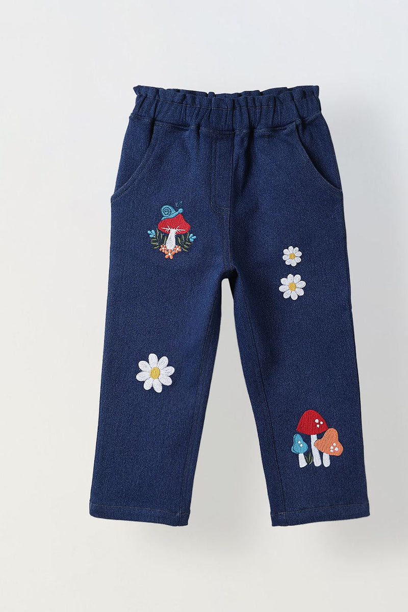 Spunkies Girls Navy Blue Embroidered Denim Pants with Daisy & Mushroom Detail