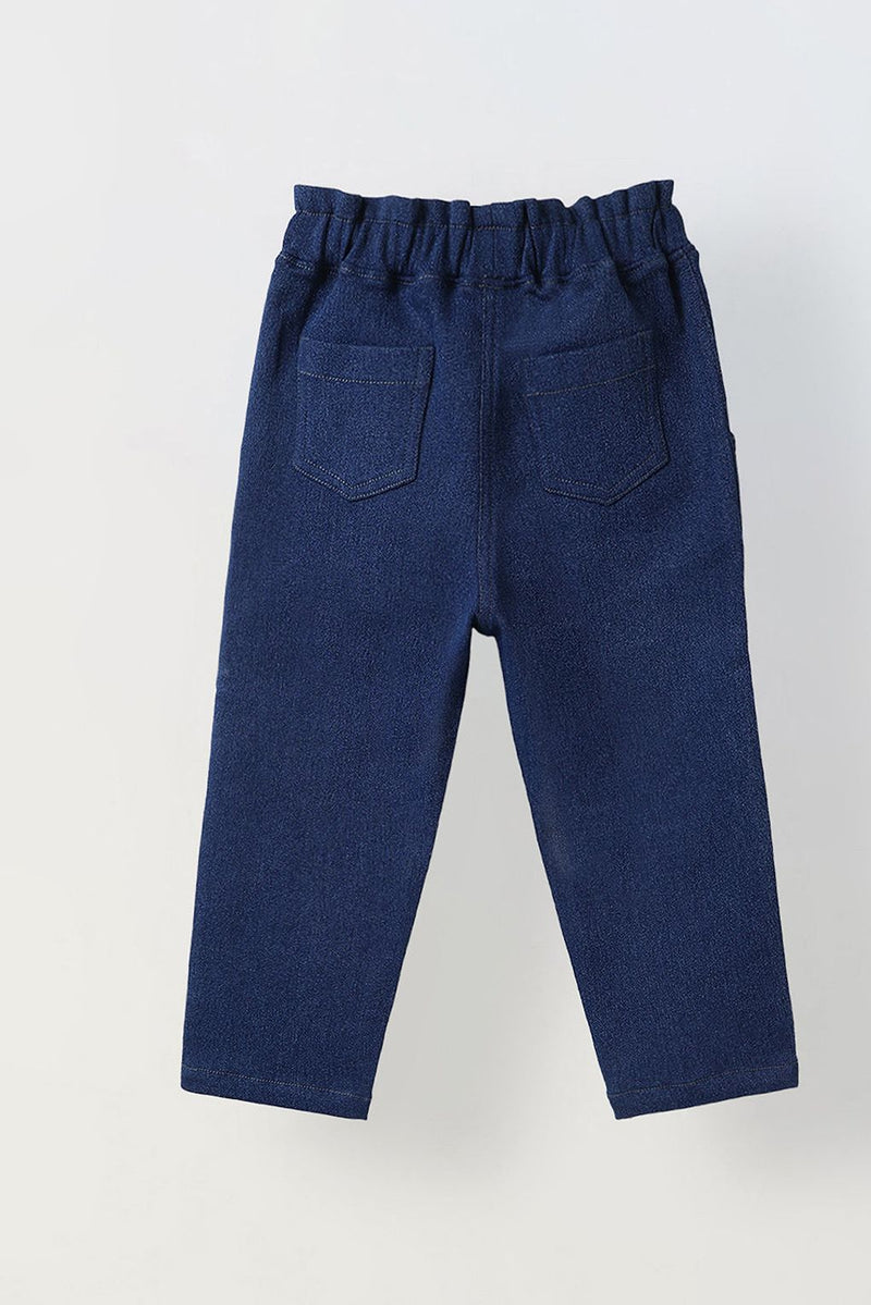 Spunkies Girls Navy Blue Embroidered Denim Pants with Daisy & Mushroom Detail