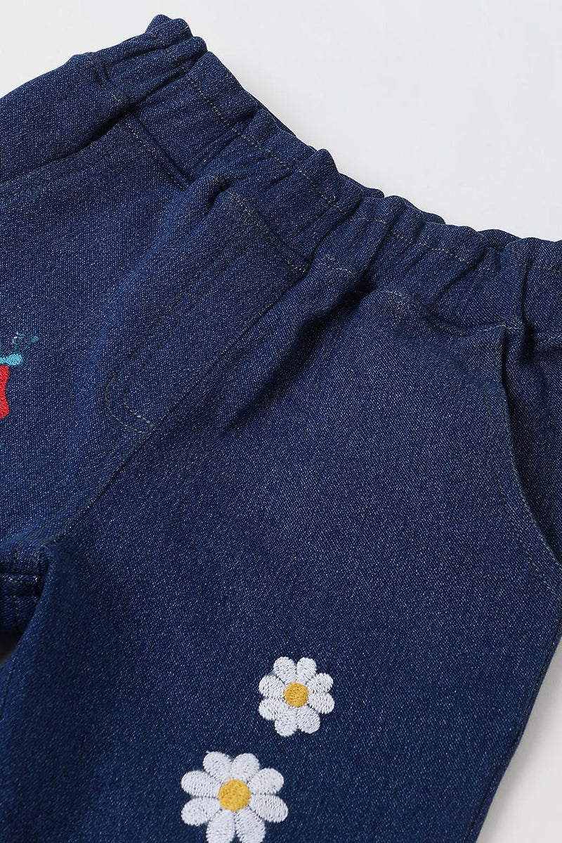 Spunkies Girls Navy Blue Embroidered Denim Pants with Daisy & Mushroom Detail