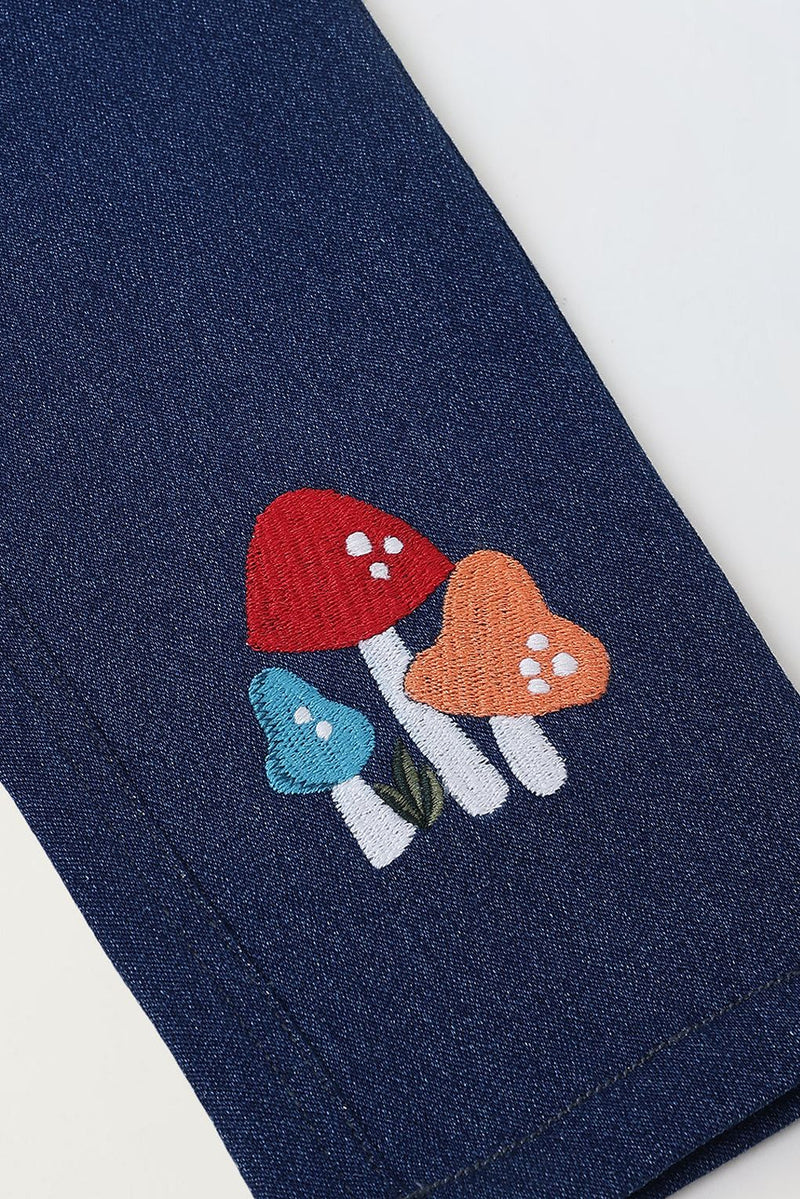 Spunkies Girls Navy Blue Embroidered Denim Pants with Daisy & Mushroom Detail