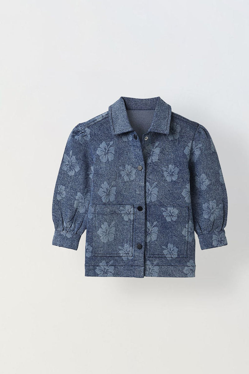 Spunkies Girls Blue Floral Textured Denim Jacket
