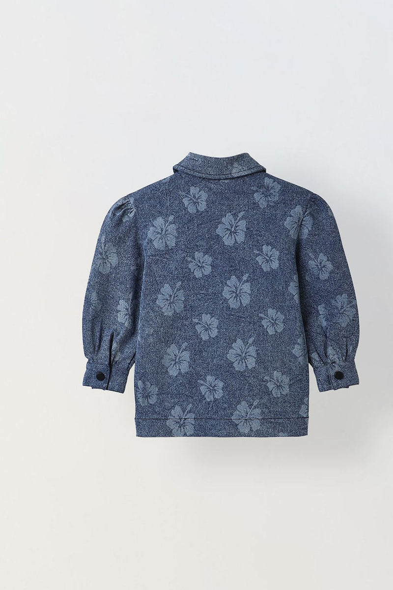 Spunkies Girls Blue Floral Textured Denim Jacket