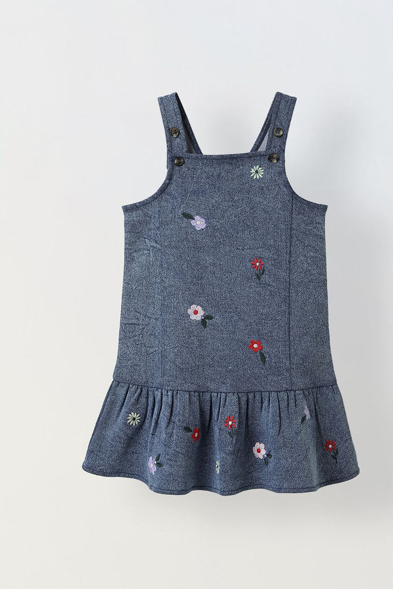 Spunkies Girls Embroidered Sleeveless Denim Dress with Frill Hem