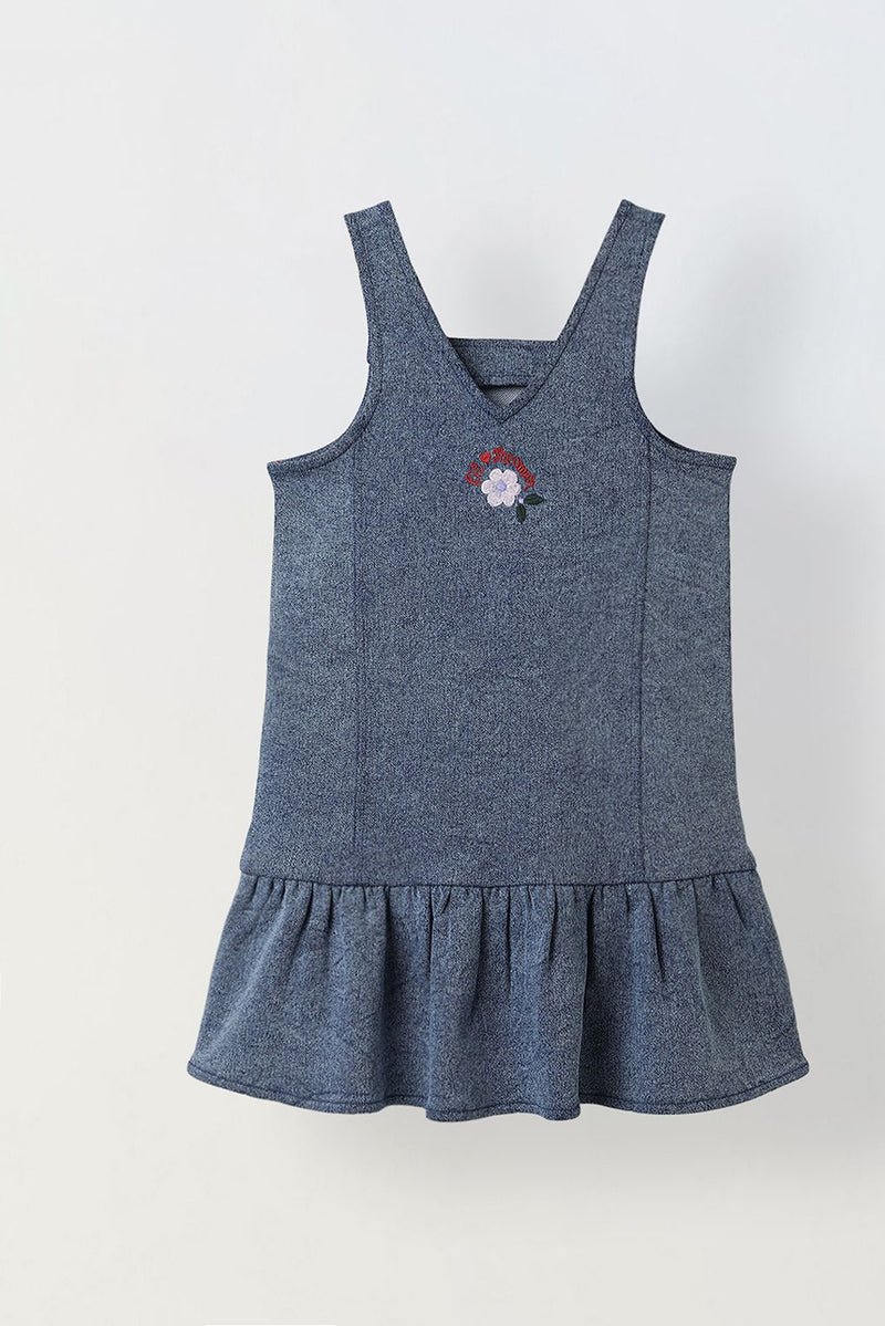 Spunkies Girls Embroidered Sleeveless Denim Dress with Frill Hem