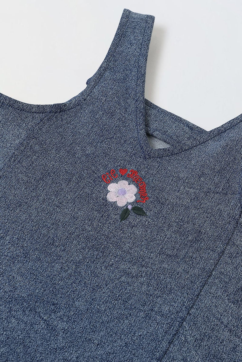 Spunkies Girls Embroidered Sleeveless Denim Dress with Frill Hem