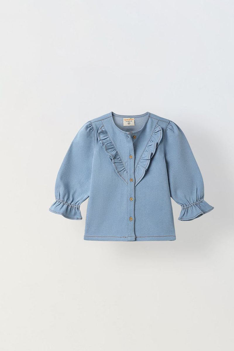 Spunkies Light Blue Girls Solid Round Neck Flutter Sleeves Top