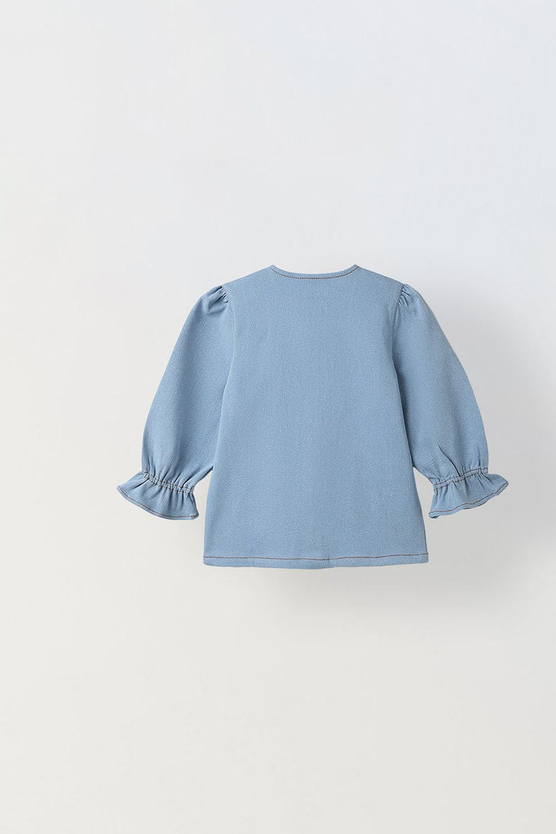 Spunkies Light Blue Girls Solid Round Neck Flutter Sleeves Top