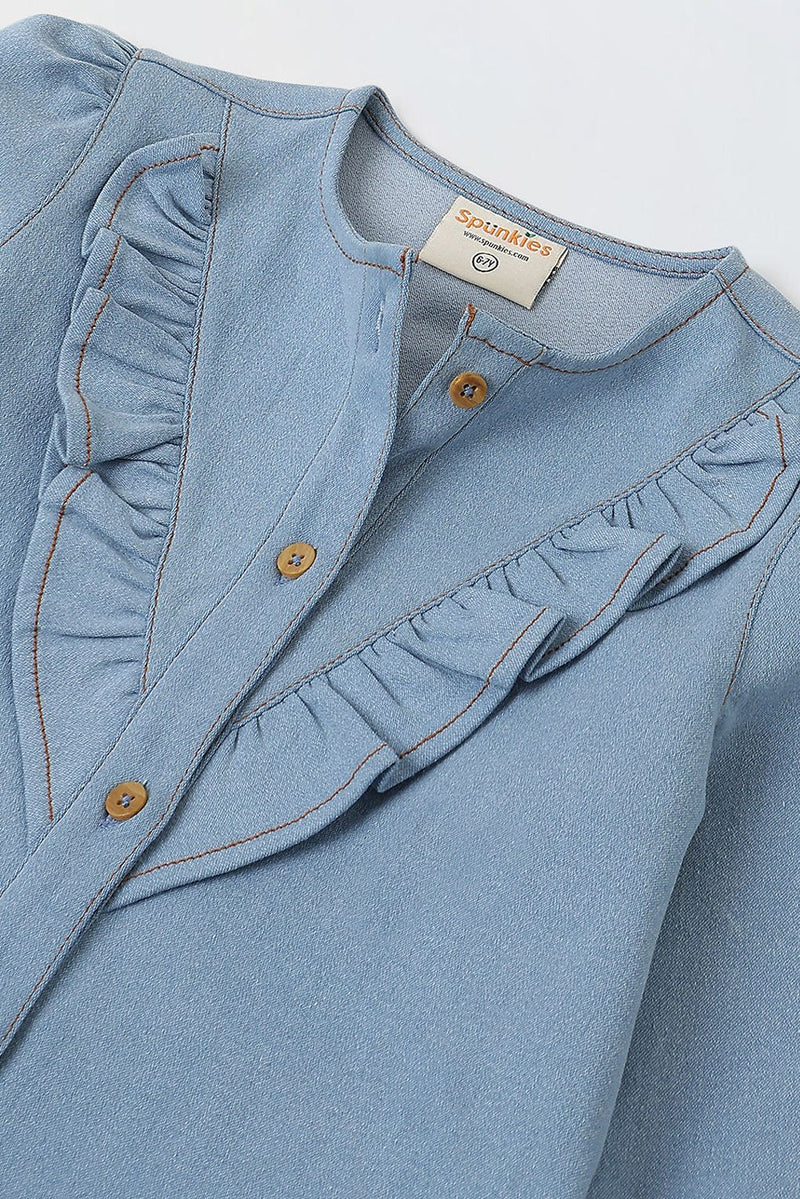 Spunkies Light Blue Girls Solid Round Neck Flutter Sleeves Top