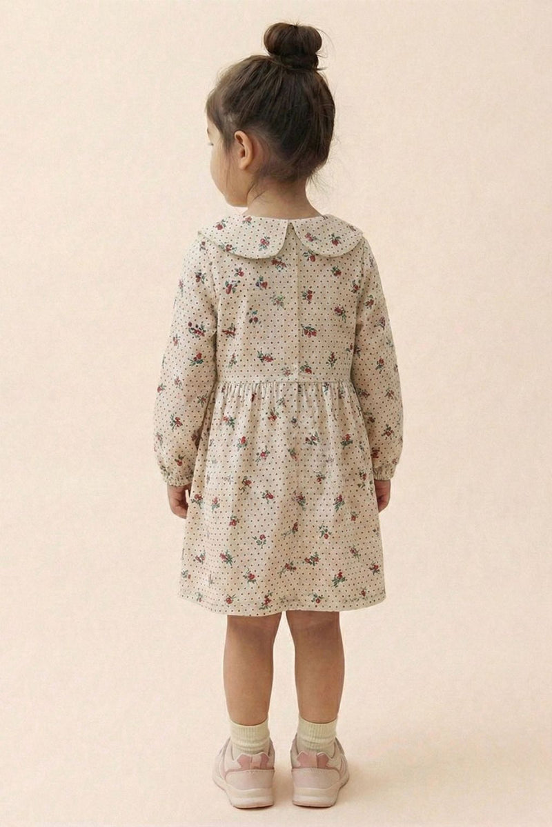 Spunkies Girls White Collar Neck Corduroy Floral Print Dress