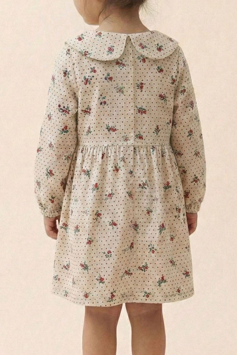 Spunkies Girls White Collar Neck Corduroy Floral Print Dress