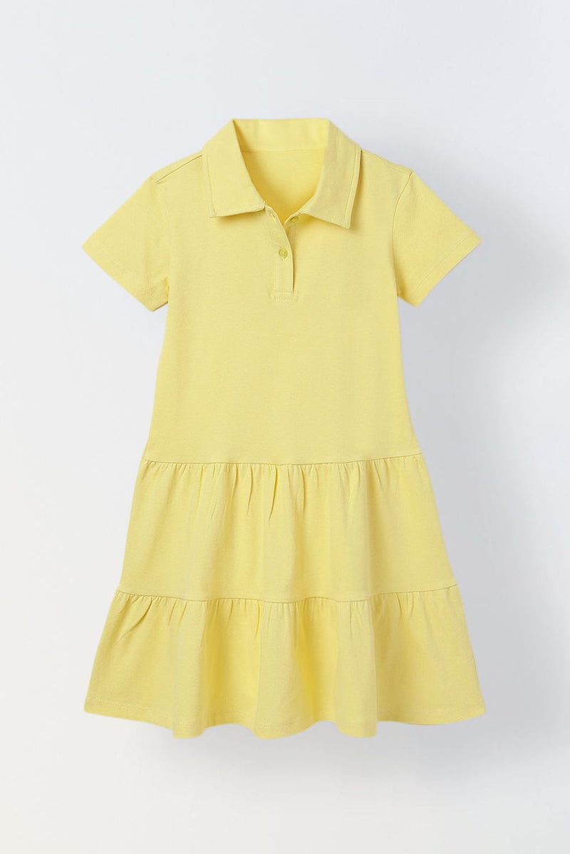 Spunkies Yellow Girls Solid Collared Short Sleeves Tiered Dress